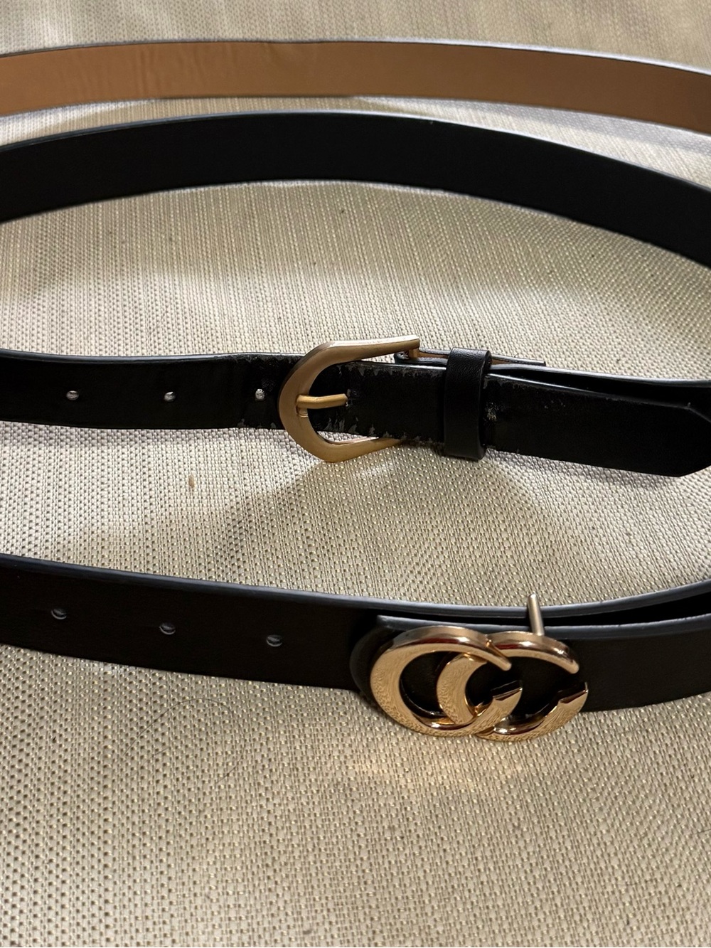 Designer-Style Black Leather Belt with Gold Double-Loop Buckle
